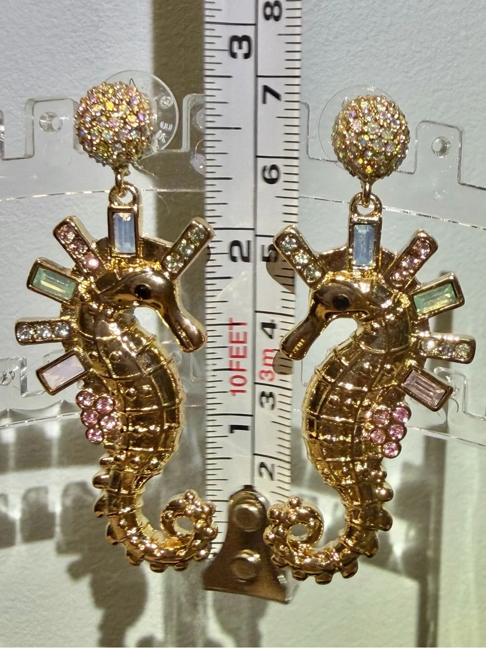 NWOT Gold Tone Seahorse Drop Chandelier Pierced Earrings with Pastel Crystals